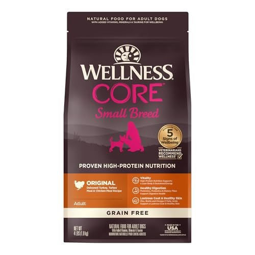 Wellness Natural Pet Food CORE Grain-Free High-Protein Small Breed Dry Dog Food, Natural Ingredients, Made in USA with Real Meat (Adult, Turkey, 4-Pound Bag)