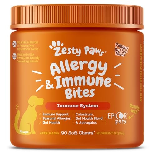 Zesty Paws Dog Allergy Relief- Dog Itching Skin Relief- Dog Probiotics for Itchy Skin and Itchy Ears- Dog Allergy Paw Relief- Dog Allergy Chews- Dog Itch Relief - Dog Skin Allergy Relief - PB - 90ct